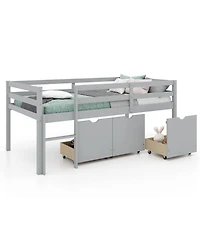 Low Loft Bed with 3 Drawers Ladder and Full-length Guardrails