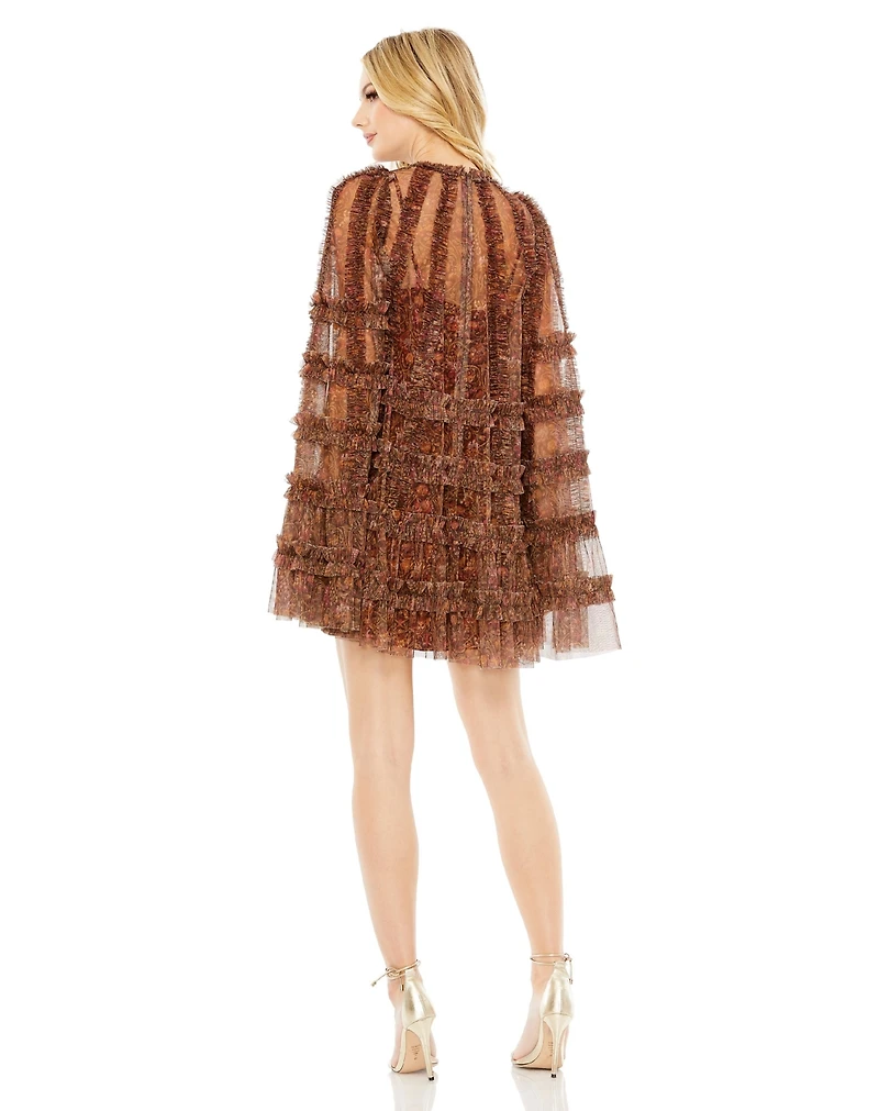 Women's Floral Print Long Flare Sleeve Mesh A-Line Dress