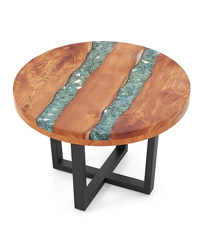 24" Round Teak Wood End Table with Epoxy Resin Tabletop Mahogany Base for Patio