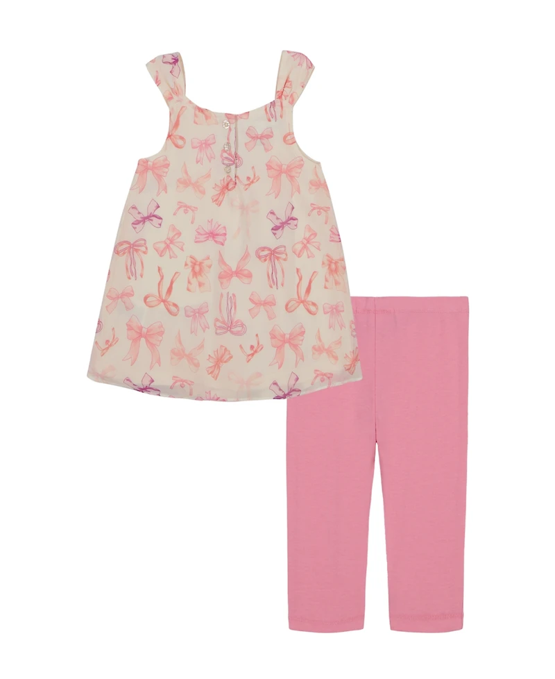 Kids Headquarters Toddler and Little Girls 2-Piece Floral Georgette Cascade Front Tunic Top and Capri Legging Set