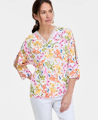 Jm Collection Women's Printed Embellished Top, Exclusively at Macy's