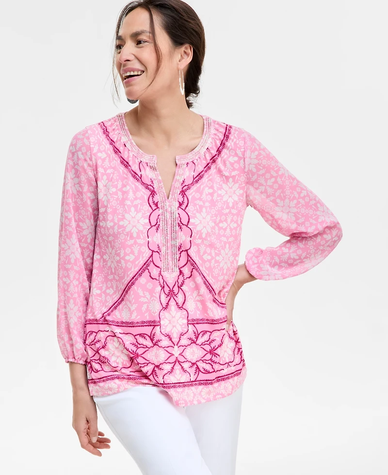 Jm Collection Women's Printed Chiffon Sleeve Rhinestone Split-Neck Top, Exclusively at Macy's
