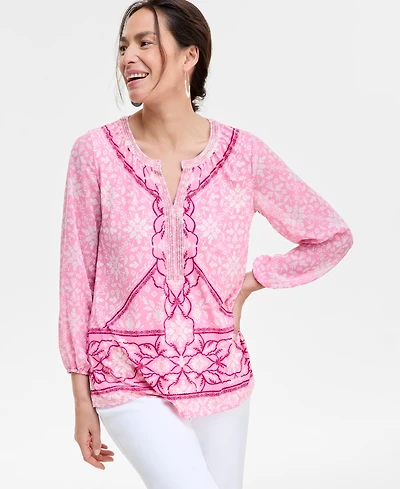 Jm Collection Women's Printed Chiffon Sleeve Rhinestone Split-Neck Top, Exclusively at Macy's