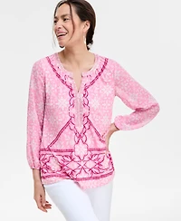 Jm Collection Women's Printed Chiffon Sleeve Rhinestone Split-Neck Top, Exclusively at Macy's