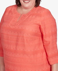 Alfred Dunner Plus Catalina Island Solid Textured Lace Trim Round Neck Top