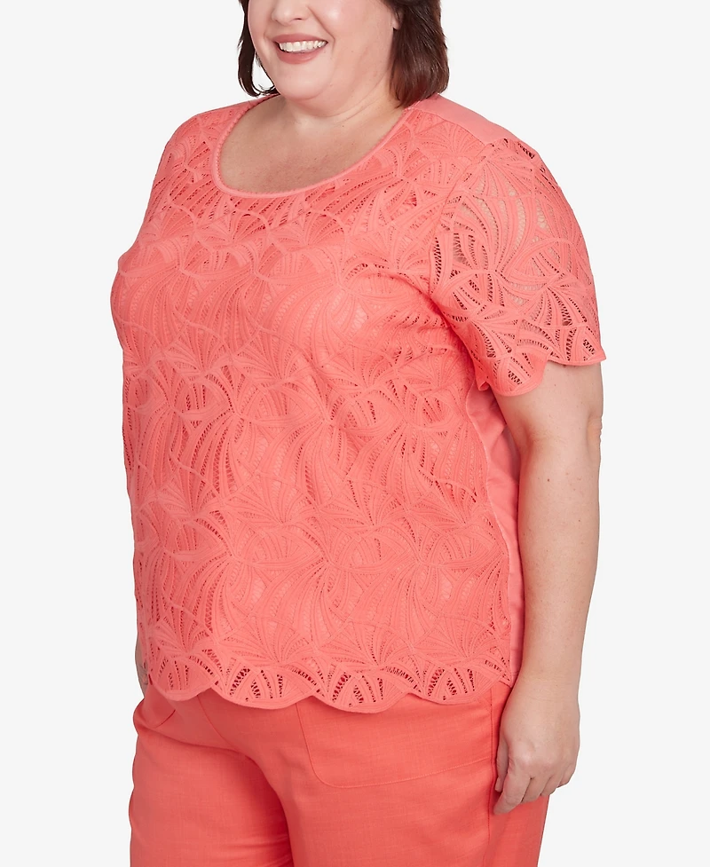 Alfred Dunner Plus Catalina Island Lace Trimmed Textured Crew Neck Top