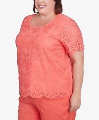 Alfred Dunner Plus Catalina Island Lace Trimmed Textured Crew Neck Top