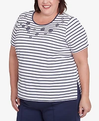 Alfred Dunner Plus Size Nantucket Beaded Floral Striped Crew Neck T-Shirt