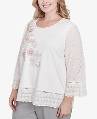 Alfred Dunner Plus Size Estate of Mind Embroidered Floral Eyelet Trim Top