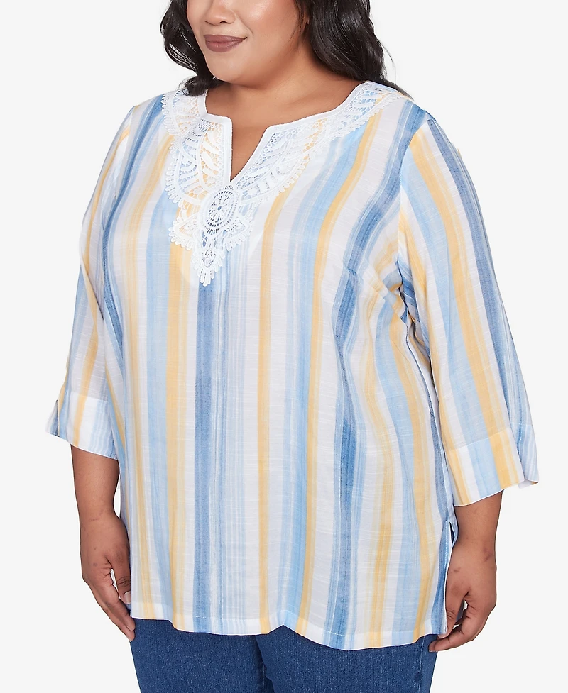 Alfred Dunner Plus Size Flower Power Striped Flower Detail Button Front Top