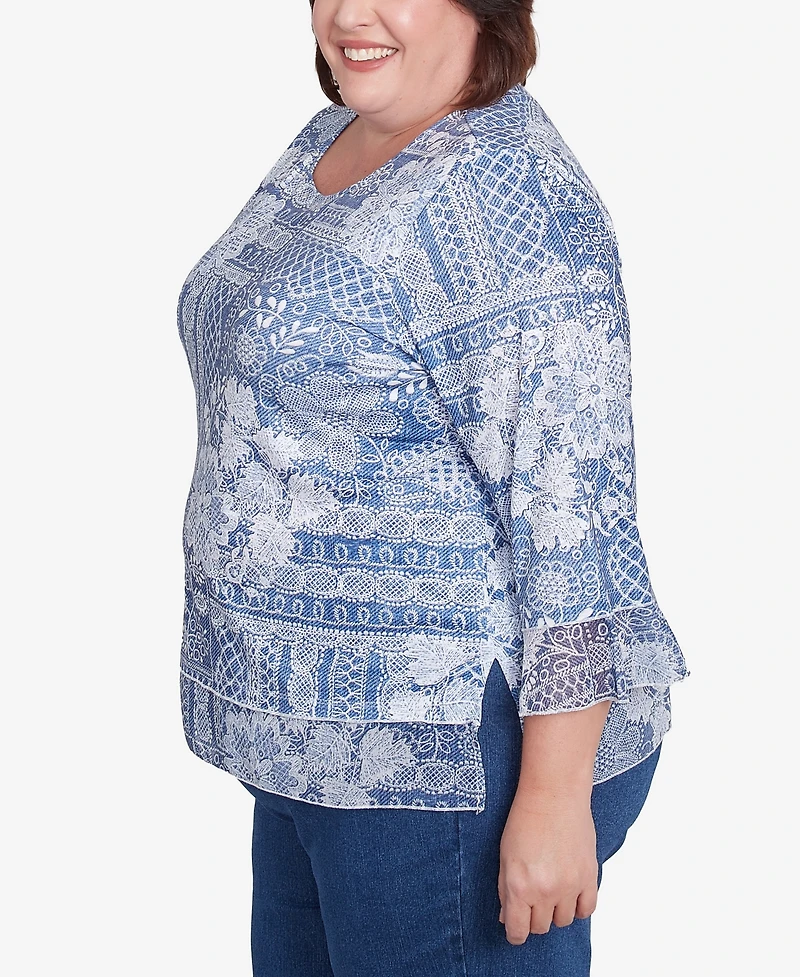 Alfred Dunner Plus Flower Power Lacey Floral Patchwork Crew Neck Top