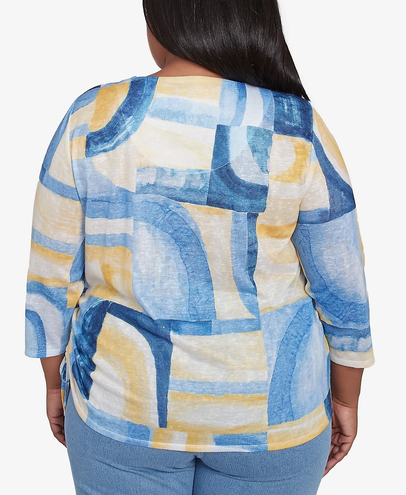 Alfred Dunner Plus Flower Power Watercolor Patchwork Geometric Keyhole Neck Top