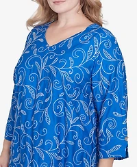 Alfred Dunner Plus Parrot Cay Scroll Embroidered Cuff Sleeve Top