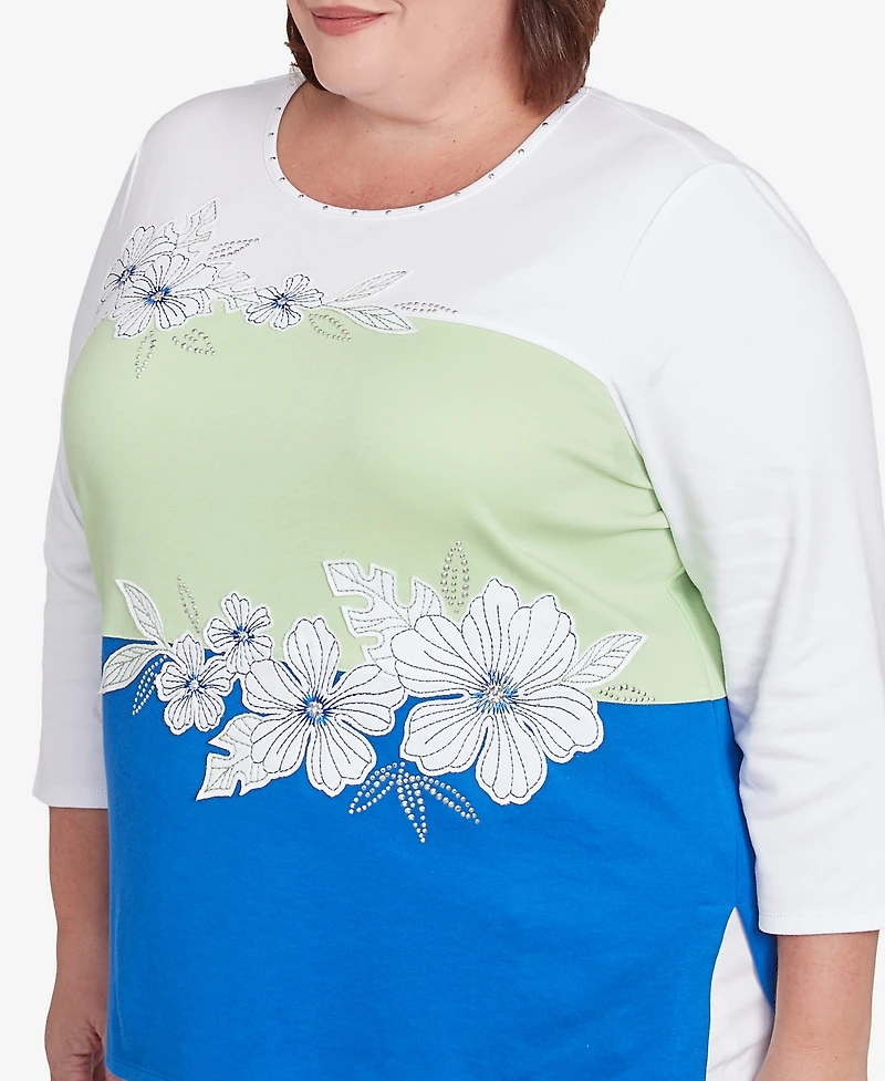 Alfred Dunner Plus Parrot Cay Tropical Colorblock Floral Crew Neck Top