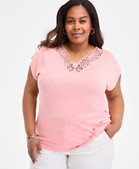 Style & Co Plus Lace-Trim-v-Neck Short-Sleeve T-Shirt, Exclusively at Macy's