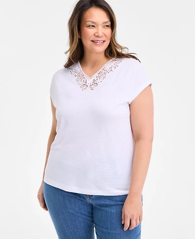 Style & Co Plus Lace-Trim-v-Neck Short-Sleeve T-Shirt, Exclusively at Macy's
