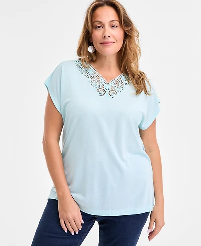 Style & Co Plus Lace-Trim-v-Neck Short-Sleeve T-Shirt, Exclusively at Macy's