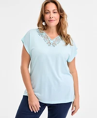 Style & Co Plus Lace-Trim-v-Neck Short-Sleeve T-Shirt, Exclusively at Macy's