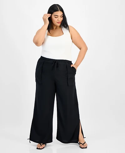 Bar Iii Trendy Plus Split-Hem Wide Linen Pants, Exclusively at Macy's