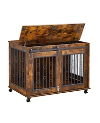 Sliding Door Dog Cage with Partition for Two Puppies Brown