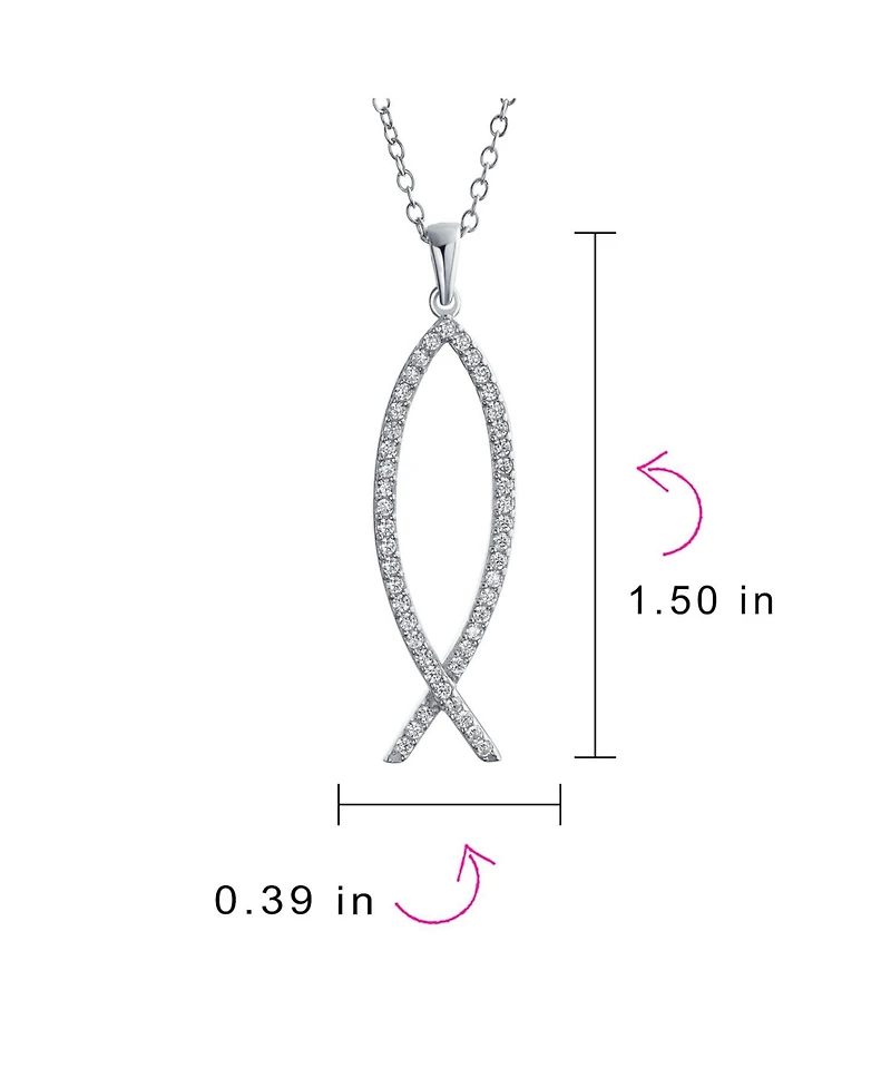 Bling Jewelry Sterling Silver Jesus Fish Ichthys Pendant Necklace with Pave Cubic Zirconia