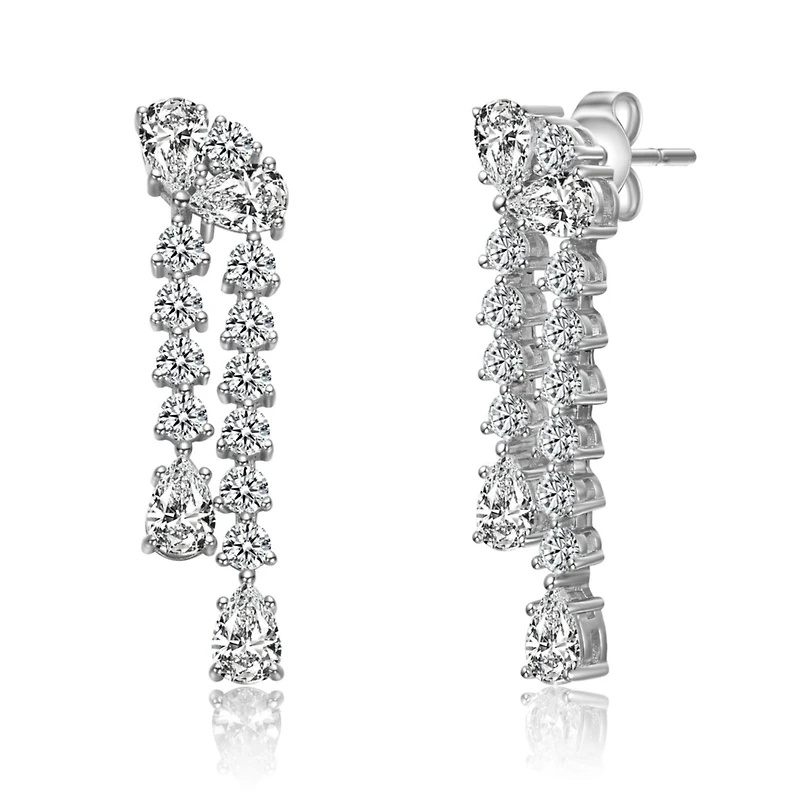 White Gold Plated with Clear Cubic Zirconia Tiered Drop Earrings