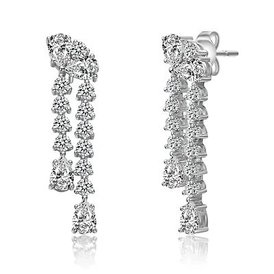 White Gold Plated with Clear Cubic Zirconia Tiered Drop Earrings