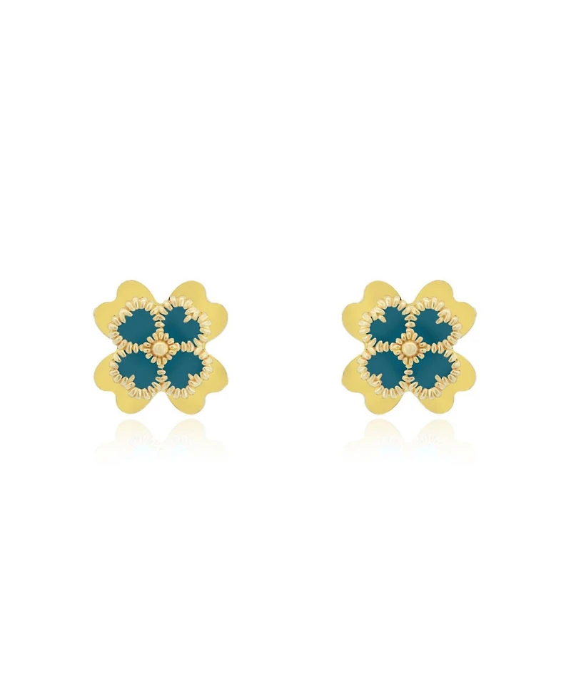 The Lovery Ocean Blue Enamel Four Leaf Clover Stud Earrings 14K Gold