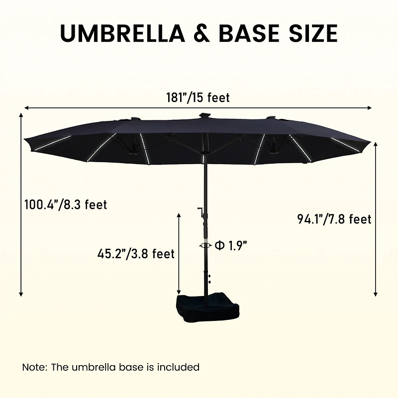 15 ft Patio Umbrellas with Solar Lights 12 Led Strip Lights Umbrella Rib, Double-Sided Market Umbrella with Base Included, Grey