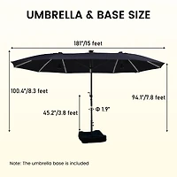 15 ft Patio Umbrellas with Solar Lights 12 Led Strip Lights Umbrella Rib, Double-Sided Market Umbrella with Base Included, Grey
