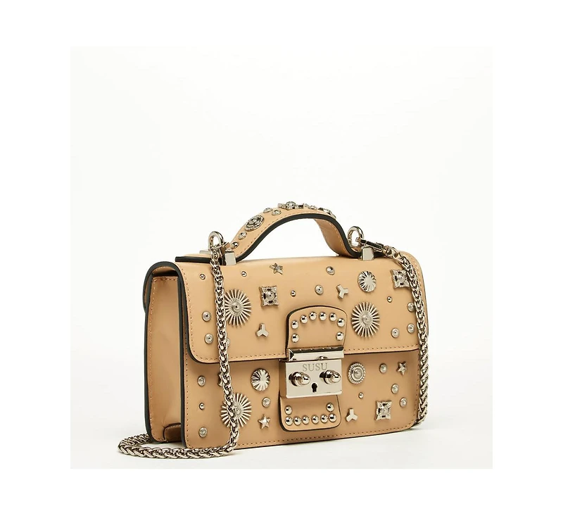 Susu Women s Beige Studded Crossbody Bag Designer Leather Shoulder Purse with Chain Strap and Top Handle, Statement Handbag with Silver Embellishments