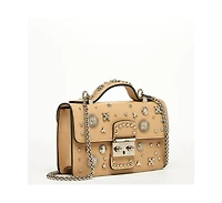 Susu Women s Beige Studded Crossbody Bag Designer Leather Shoulder Purse with Chain Strap and Top Handle, Statement Handbag with Silver Embellishments