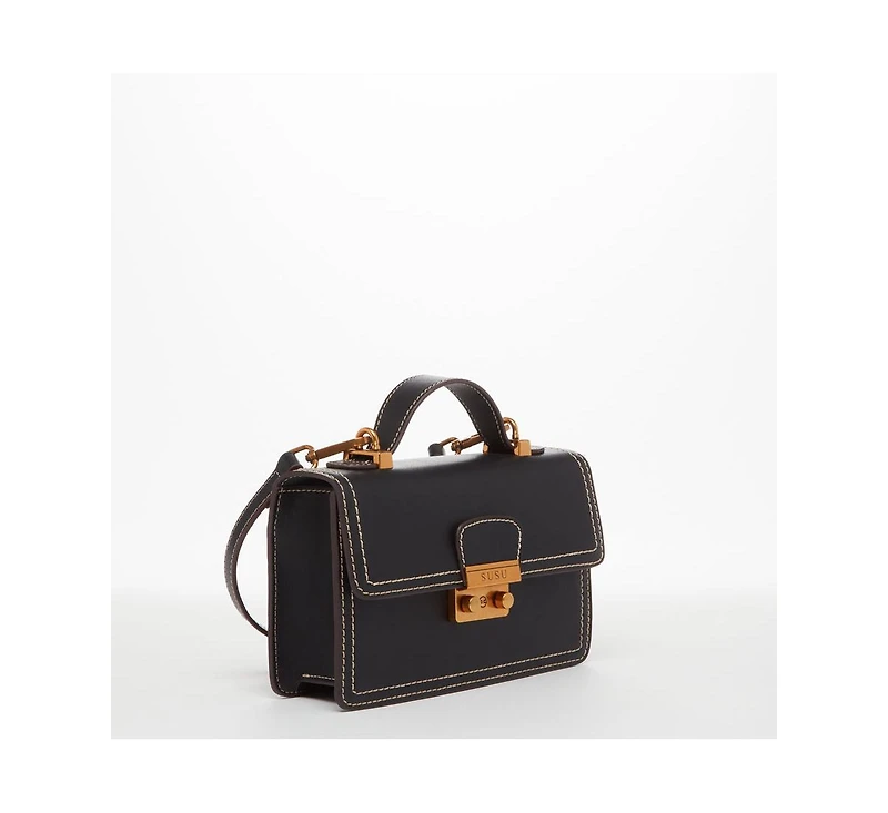 Susu Black Purse Leather Small Crossbody Bag Cute Women's Handbag with Top Handle and Adjustable Strap