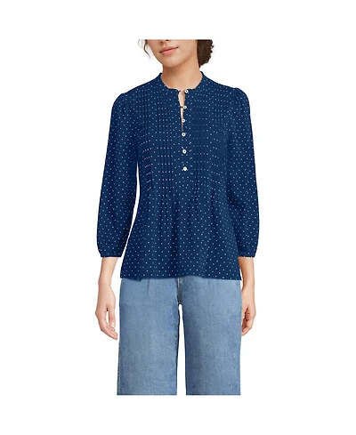 Lands' End Women's Lightweight Jersey Button Pintuck Top