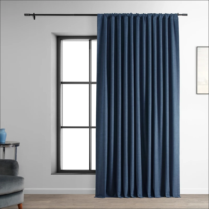 Half Price Drapes Dark Blue Extra Wide Performance Linen Hotel Blackout Curtain