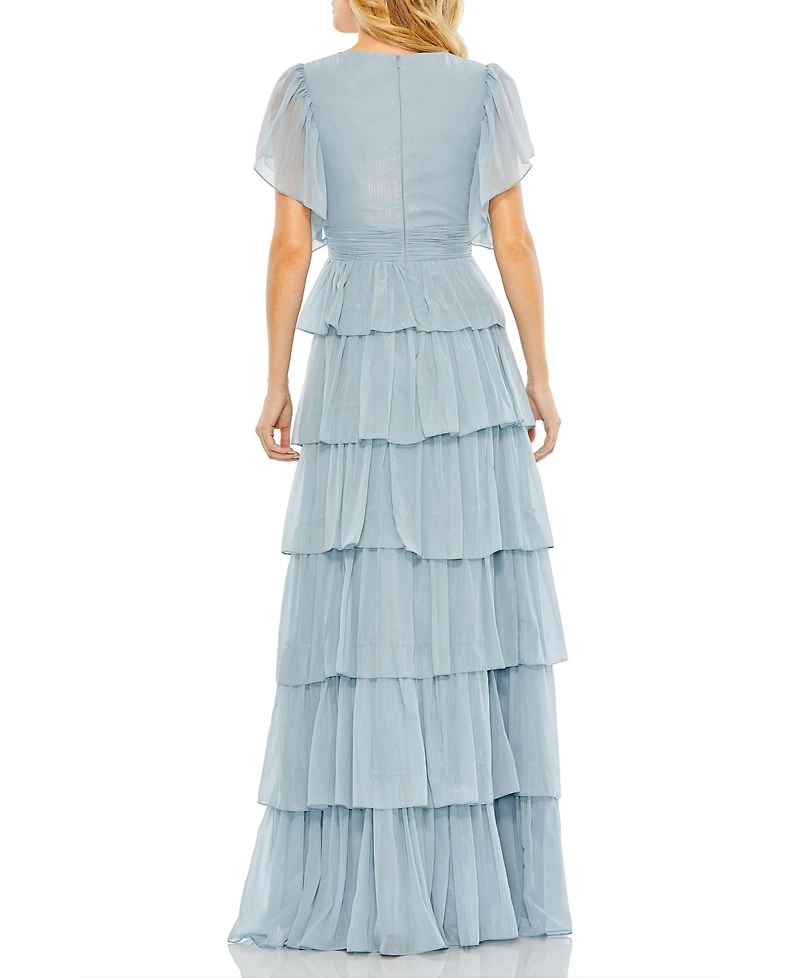 Mac Duggal Women's Flutter Sleeve Ruffle Tiered Gown