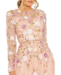 Mac Duggal Women's Sequined Floral Long Sleeve High Neck Midi Dress