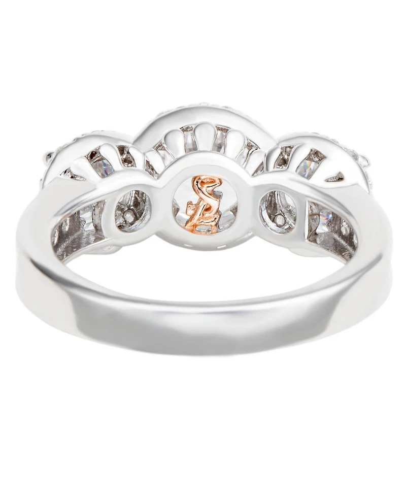 Suzy Levian Sterling Silver Cubic Zirconia White Three Stones Halo Center Stone Ring