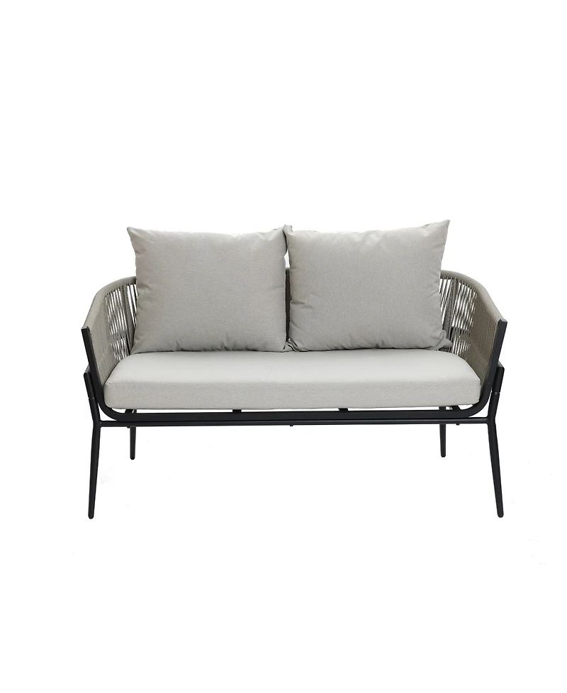 LuxenHome Outdoor Aluminum with Pe Rope Loveseat Sofa with Cushions and Coffee Table Set