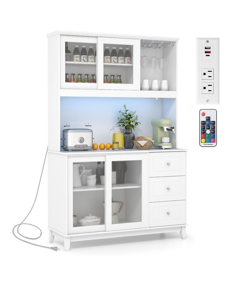 Kitchen Pantry Storage Cabinet Kitchen Hutch with Led lights and Power Outlet