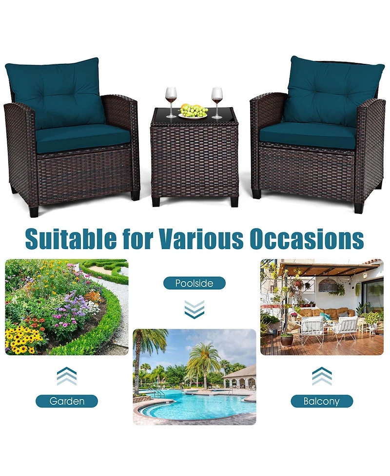 Gymax Set of 3 Rattan Furniture Patio Cushioned Conversation Sofa