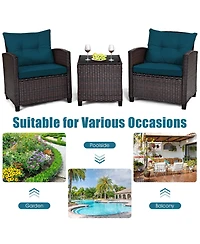Gymax Set of 3 Rattan Furniture Patio Cushioned Conversation Sofa