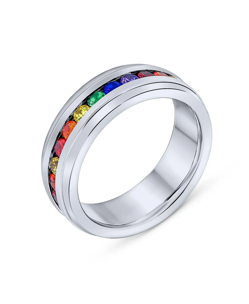 Bling Jewelry Stainless Steel Rainbow Cz Eternity Ring Lgbtq Band Comfort Fit