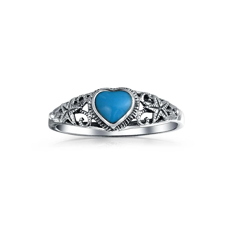 Bling Jewelry Nautical Starfish Stabilized Turquoise Heart Band Ring Oxidized Sterling Silver