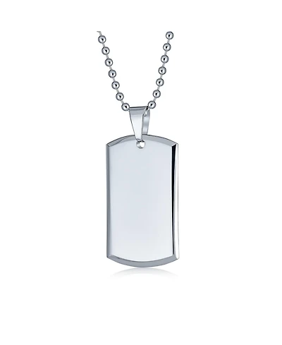Bling Jewelry Large Military Army Dog Tag Pendant Necklace Polished Silver Tone Stainless Steel Beveled Edge with Bead Ball Chain 24 Inch