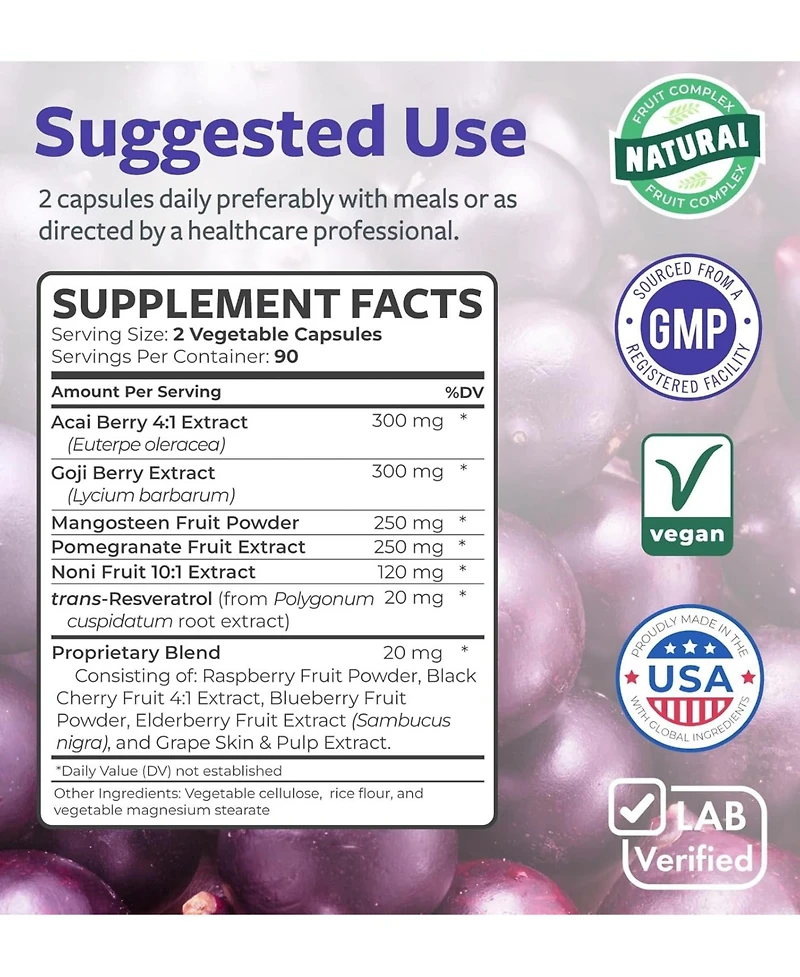 Super Antioxidants Supplement | Acai Berry, Goji, Pomegranate & Trans Resveratrol | Herbal & Fruit Formula for Overall Health, Health's Harmony | 180c