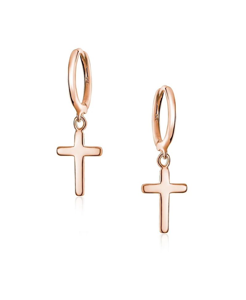 Bling Jewelry Small Religious Cross Dangle Earrings Rose Gold Plated Sterling Silver Huggie