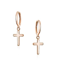 Bling Jewelry Small Religious Cross Dangle Earrings Rose Gold Plated Sterling Silver Huggie