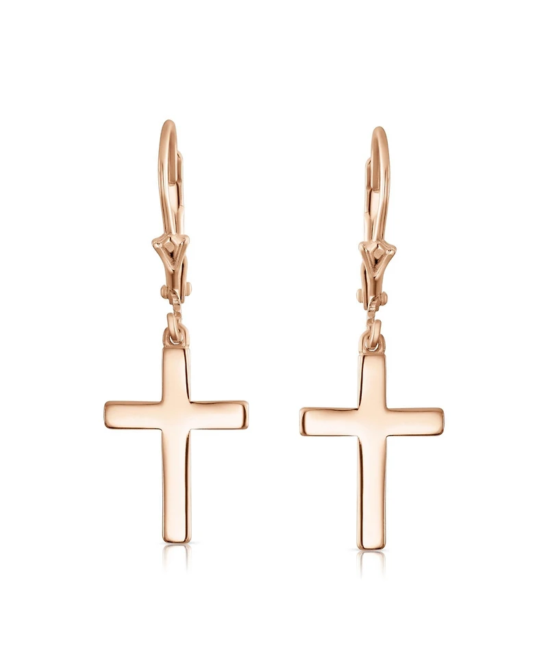 Bling Jewelry Minimalist Religious Cross Dangle Earrings 14K Gold Plated Sterling Silver