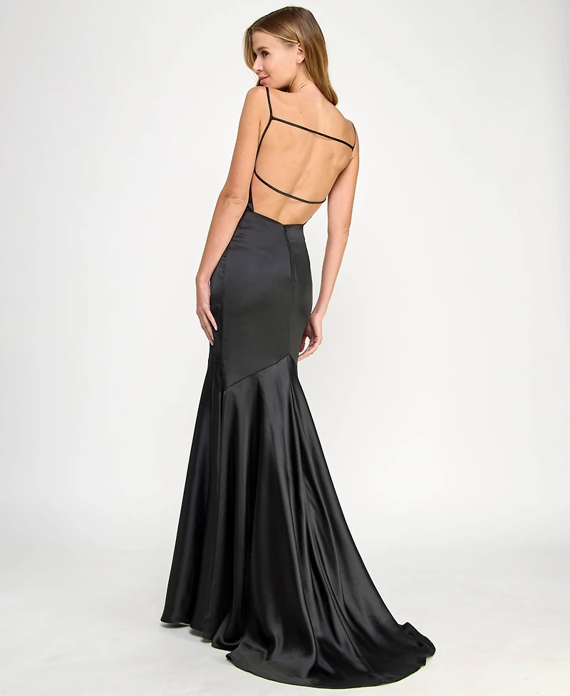 Seni & Cade Juniors' Satin Cowlneck Cutout Gown